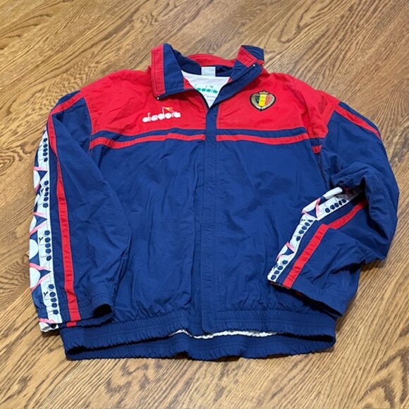 Vintage Diadora Jacket Windbreaker XL Training Soccer Red Blue URBSFA KBVB Coat - Picture 9 of 9
